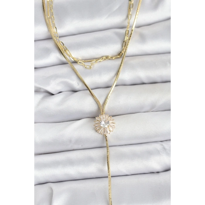 Erb Pirinç Gold Renk Zirkon Taşlı Papatya Model Detaylı 3'lü Kombin Y Kadın Kolye