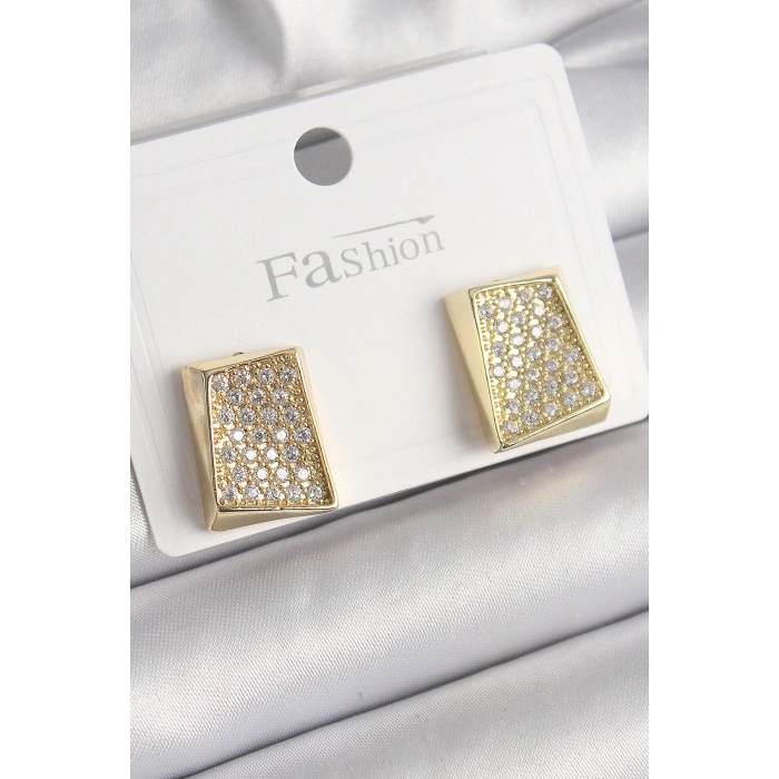 Erb Pirinç Gold Renk Zirkon Taşlı Plaka Model Kadın Küpe