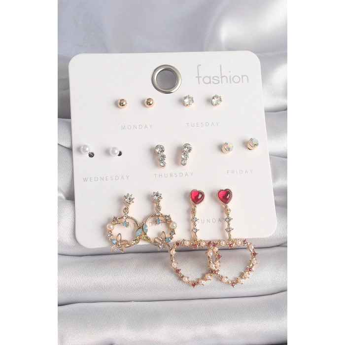 Erb Pirinç Gold Renk Zirkon Taşlı Sallantı Kalp Figür 7 Çift Kadın Küpe Seti