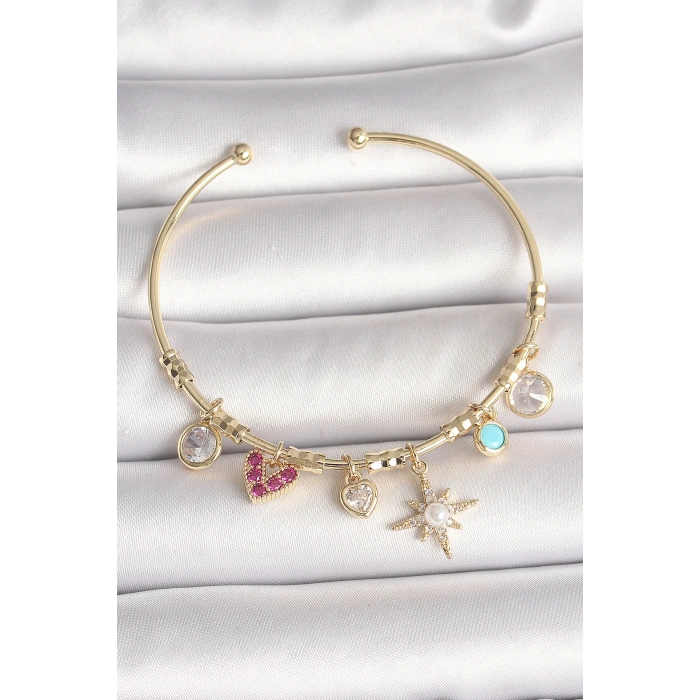 Erb Pirinç Gold Renk Zirkon Taşlı Sallantı Kutup Yıldız Figür İnci Detay Charm Kadın Bileklik