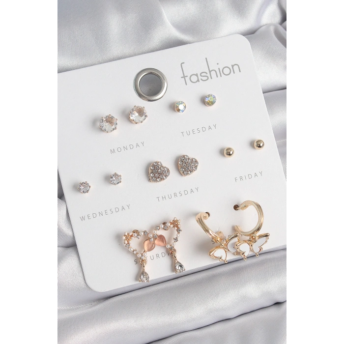 Erb Pirinç Gold Renk Zirkon Taşlı Sallantılı Kalp Figür Kelebek Detay 7 Çift Kadın Küpe Seti