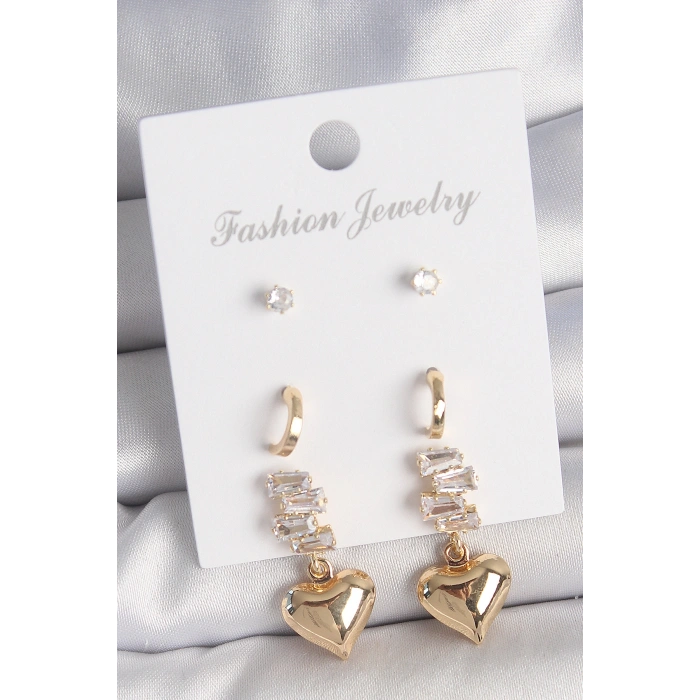 Erb Pirinç Gold Renk Zirkon Taşlı Sallantılı Kalp Model Yarım Halka Detay 3 Çift Kadın Küpe Seti