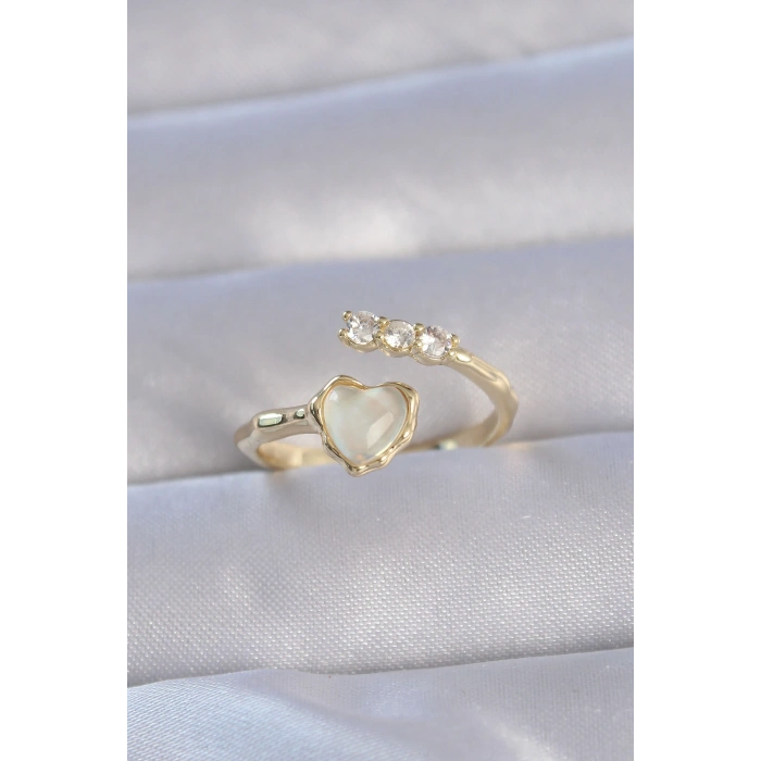Erb Pirinç Gold Renk Zirkon Taşlı Sedefli Kalp Model Ayarlanabilir Yüzük