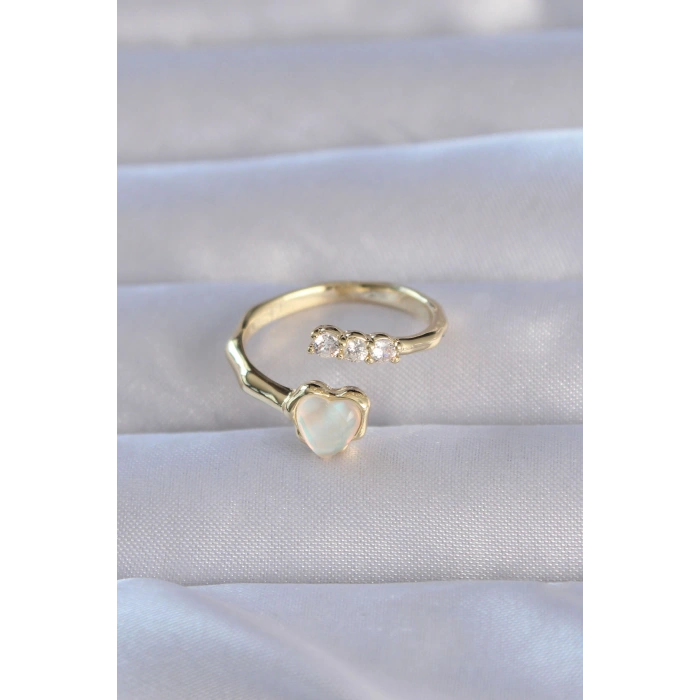Erb Pirinç Gold Renk Zirkon Taşlı Sedefli Kalp Model Ayarlanabilir Yüzük