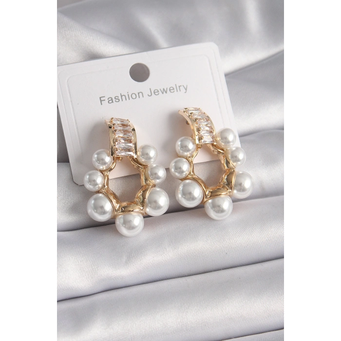 Erb Pirinç Gold Renk Zirkon Taşlı Su Yolu İncili Halka Model Kadın Küpe