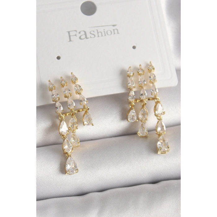 Erb Pirinç Gold Renk Zirkon Taşlı Yağmur Model Kadın Küpe