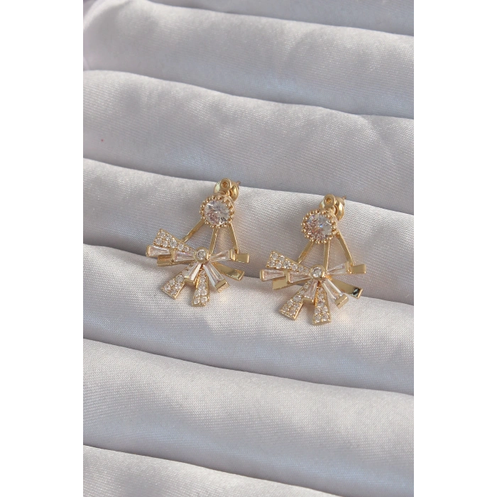 Erb Pirinç Gold Renk Zirkon Taşlı Yassı Fiyonk Model Küpe