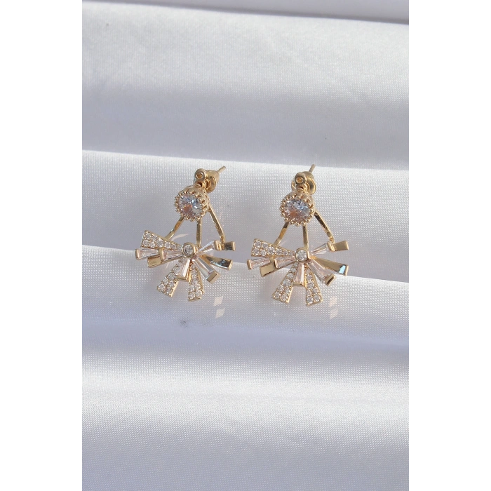 Erb Pirinç Gold Renk Zirkon Taşlı Yassı Fiyonk Model Küpe