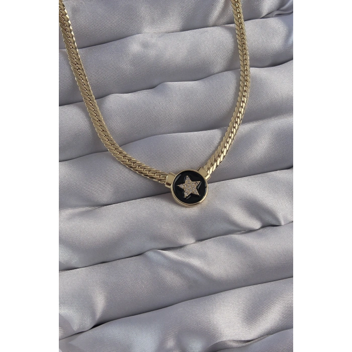 Erb Pirinç Gold Renk Zirkon Taşlı Yıldız Model Siyah Mineli Ezme Zincirli Serenay Kolyesi