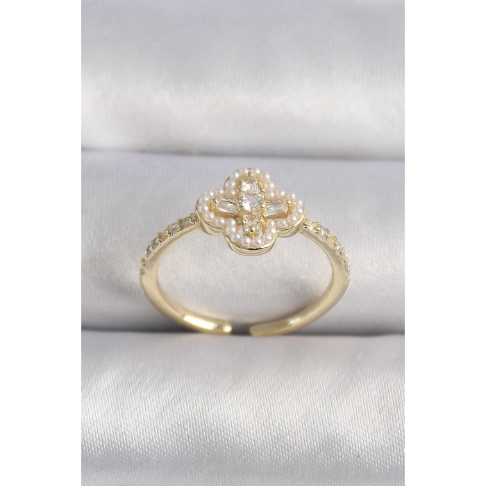 Erb Pirinç Gold Renk Zirkon Taşlı Yonca Model İnci Detay Kadın Yüzük