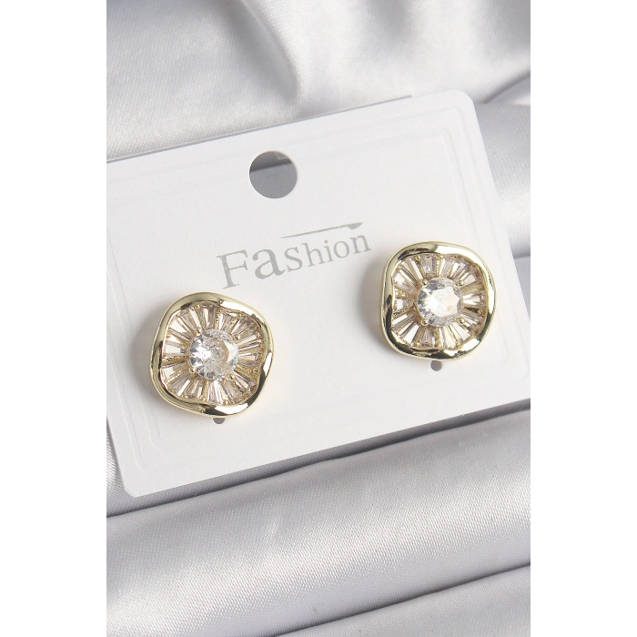 Erb Pirinç Gold Renk Zirkon Taşlı Yonca Model Kadın Küpe