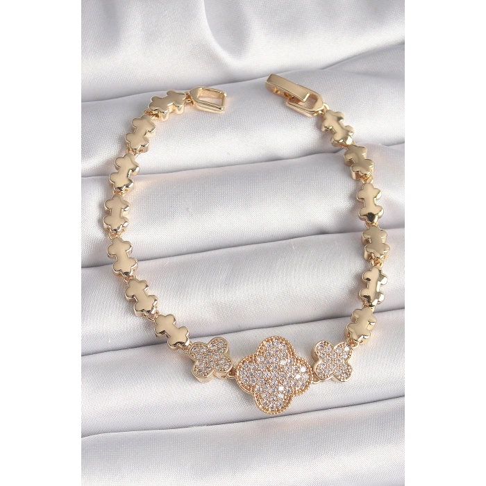 Erb Pirinç Gold Renk Zirkon Taşlı Yonca Model Zincir Kadın Bileklik