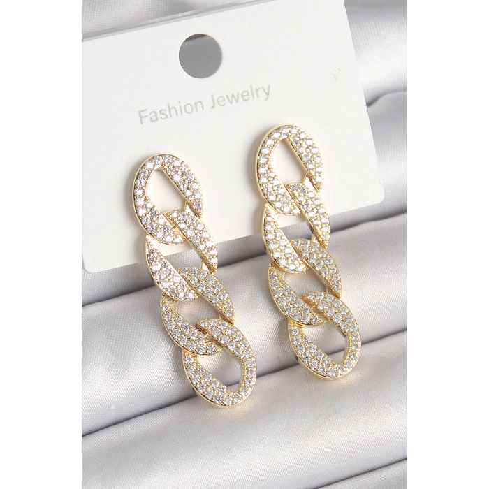 Erb Pirinç Gold Renk Zirkon Taşlı Zincir Model Kadın Küpe