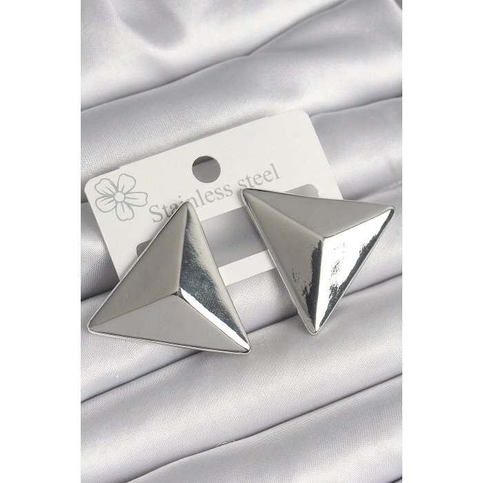 Erb Pirinç Gümüş Renk 3D Üçgen Model Kadın Küpe