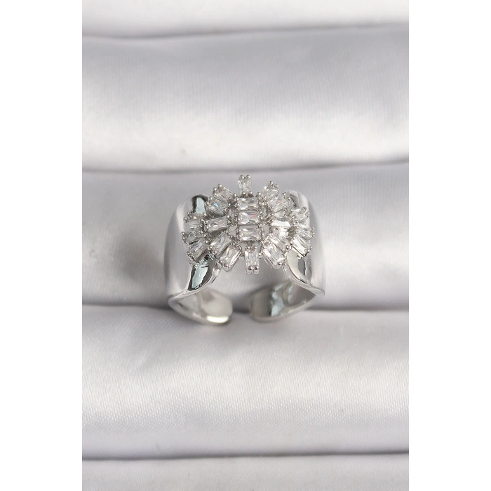 Erb Pirinç Gümüş Renk Ayarlanabilir Baget Zirkon Taş Model Kadın Yüzük