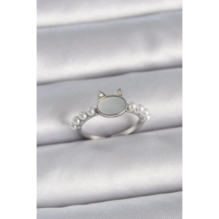 Erb Pirinç Gümüş Renk Ayarlanabilir Beyaz Mineli Kedi Model İnci Detay Kadın Yüzük