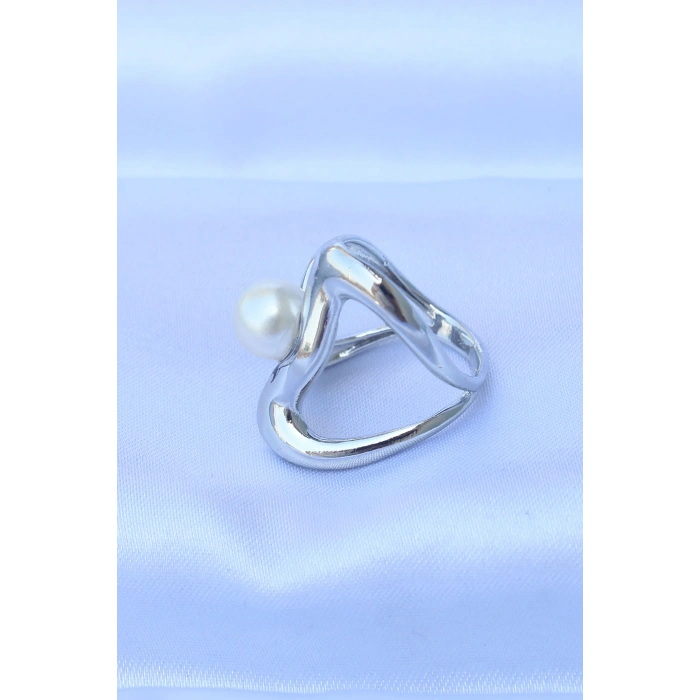 Erb Pirinç Gümüş Renk Ayarlanabilir İnci Taşlı Yüzük