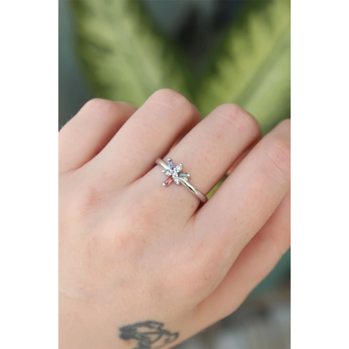 Erb Pirinç Gümüş Renk Ayarlanabilir Renkli Zirkon Taşlı Yusufçuk Yüzük