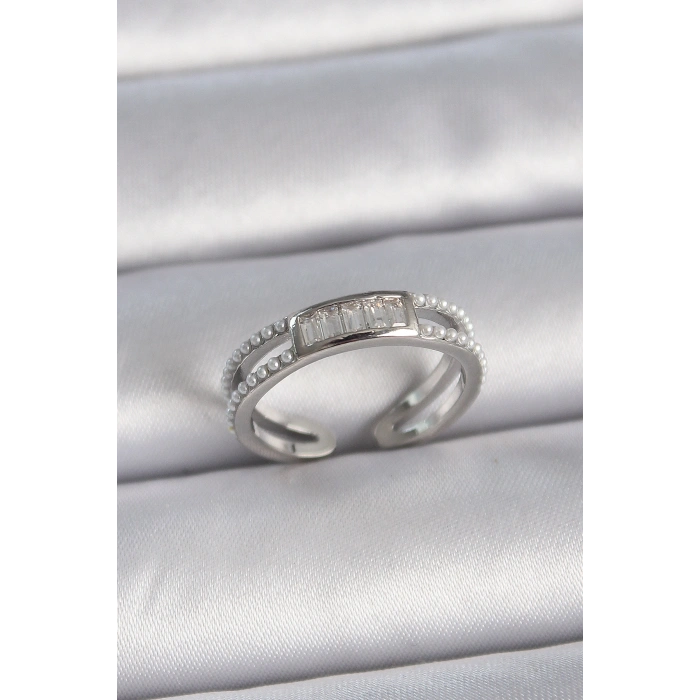 Erb Pirinç Gümüş Renk Ayarlanabilir Sıralı İncili Zirkon Taşlı Kadın Yüzük