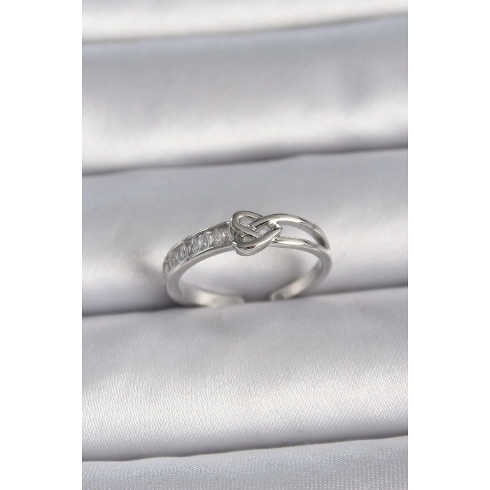 Erb Pirinç Gümüş Renk Ayarlanabilir Zirkon Taşlı Düğüm Kalp Model Kadın Yüzük