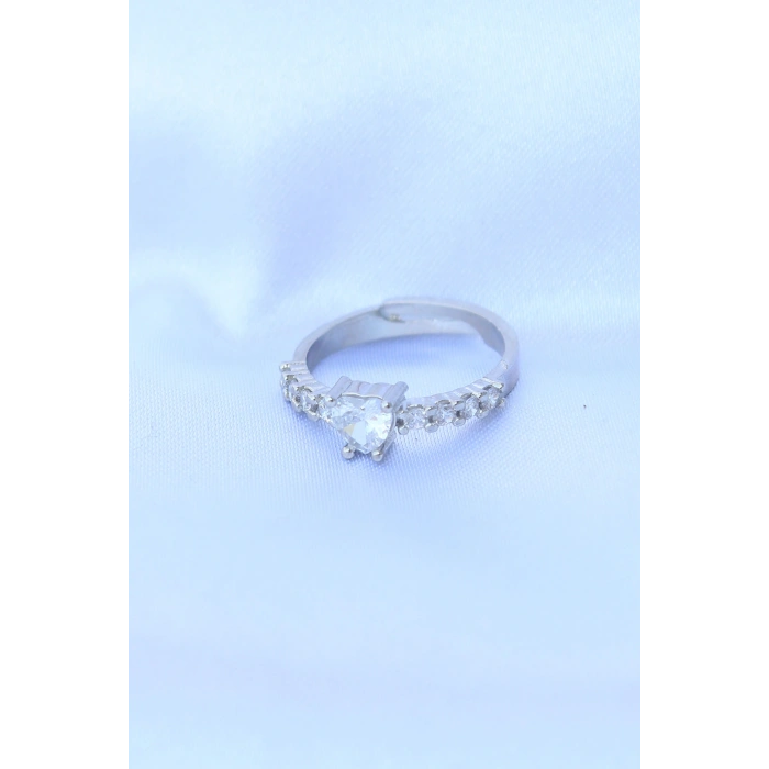 Erb Pirinç Gümüş Renk Ayarlanabilir Zirkon Taşlı Minimal Kalp Yüzük