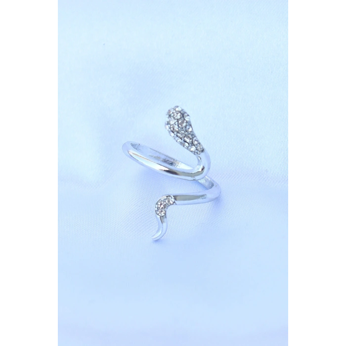 Erb Pirinç Gümüş Renk Ayarlanabilir Zirkon Taşlı Yılan Yüzük