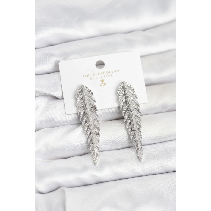 Erb Pirinç Gümüş Renk Balık Sırtı Model Zirkon Taşlı Kadın Küpe