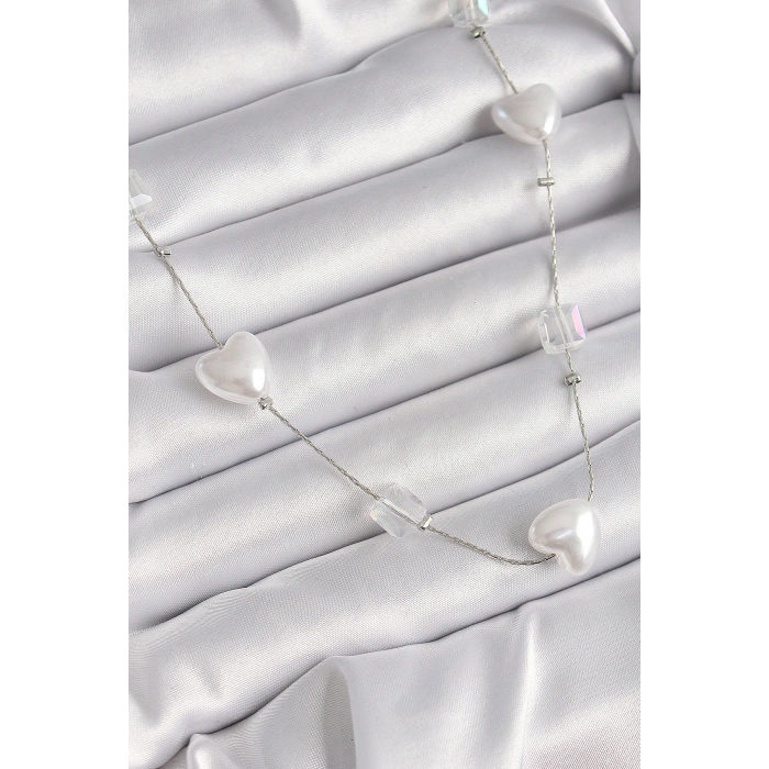 Erb Pirinç Gümüş Renk Beyaz İnci Kalp Model Kadın Kolye