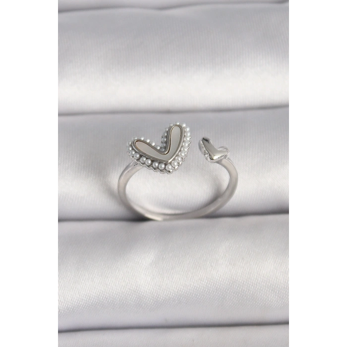 Erb Pirinç Gümüş Renk Beyaz Mineli İnci Detaylı Kalp Model Ayarlanabilir Yüzük