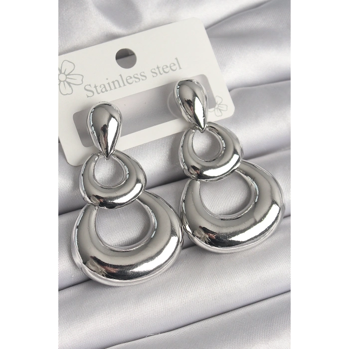 Erb Pirinç Gümüş Renk Damla Detay Sallantı Halka Model Kadın Küpe