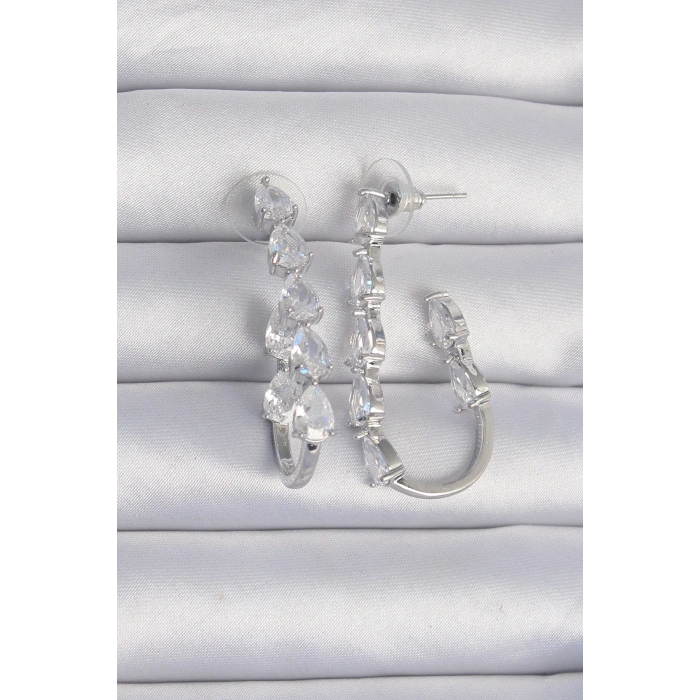 Erb Pirinç Gümüş Renk Damla Zirkon Taş Tasarımlı Küpe