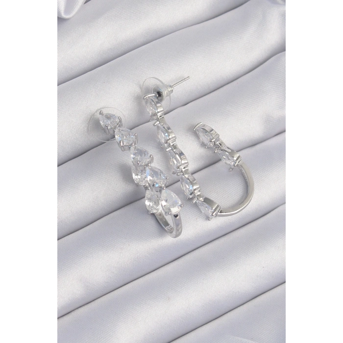 Erb Pirinç Gümüş Renk Damla Zirkon Taş Tasarımlı Küpe