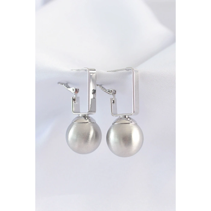 Erb Pirinç Gümüş Renk Dikdörtgen Detay Oval Küpe