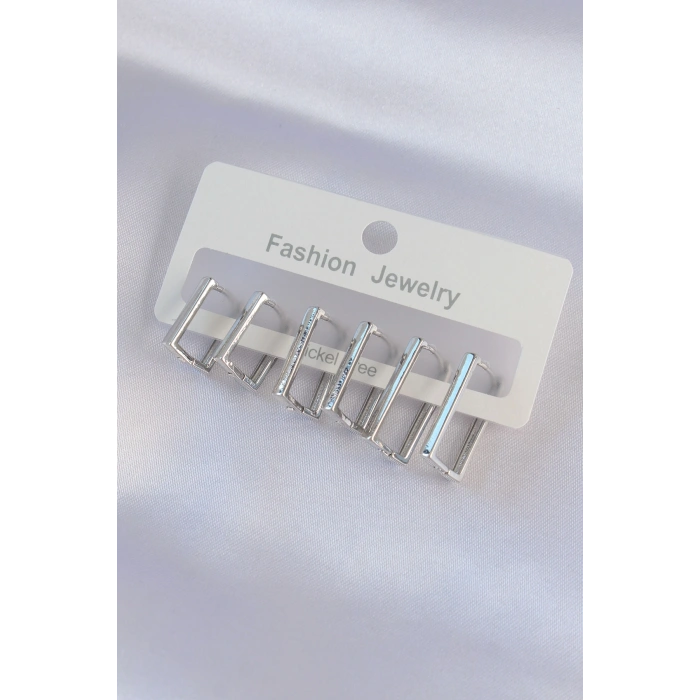 Erb Pirinç Gümüş Renk Dikdörtgen Model Küpe Seti