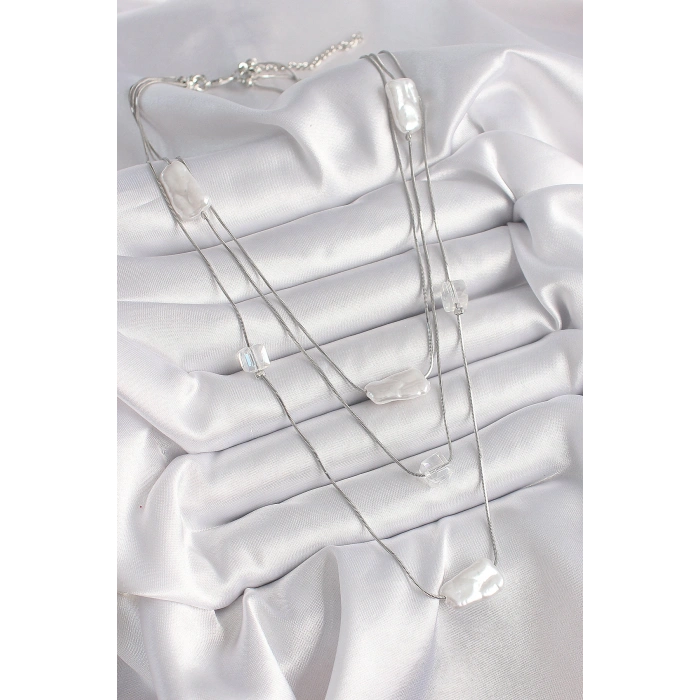 Erb Pirinç Gümüş Renk Ezme İnci Model Çoklu Kadın Kolye