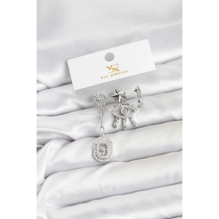 Erb Pirinç Gümüş Renk Göz Ve Kutup Yıldızı Model YSX Trio Küpe Seti