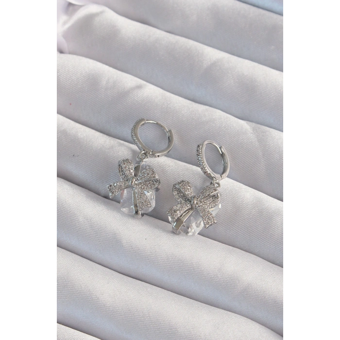 Erb Pirinç Gümüş Renk İri Zirkon Taşlı Fiyonk Model Halka Küpe