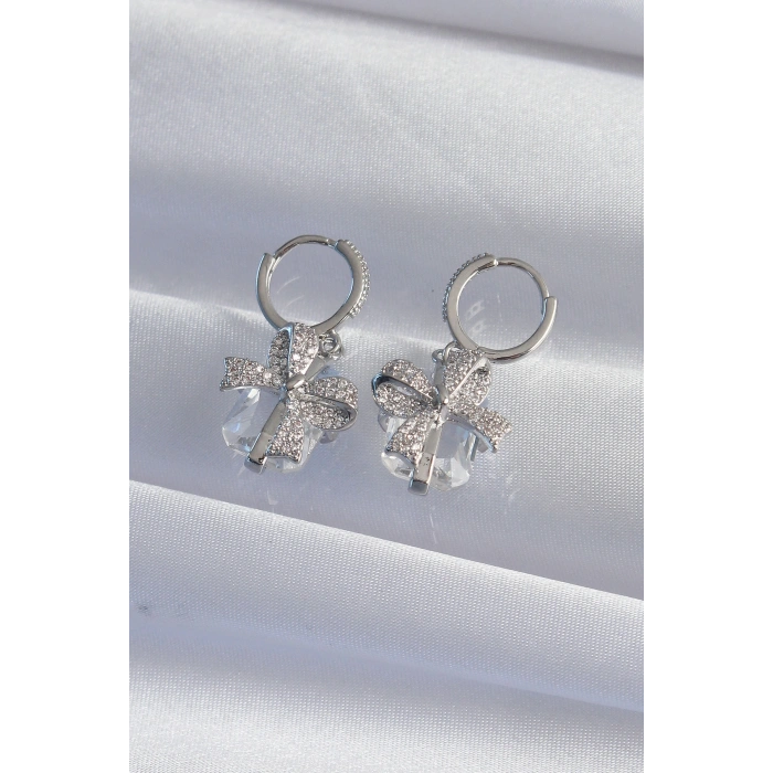 Erb Pirinç Gümüş Renk İri Zirkon Taşlı Fiyonk Model Halka Küpe