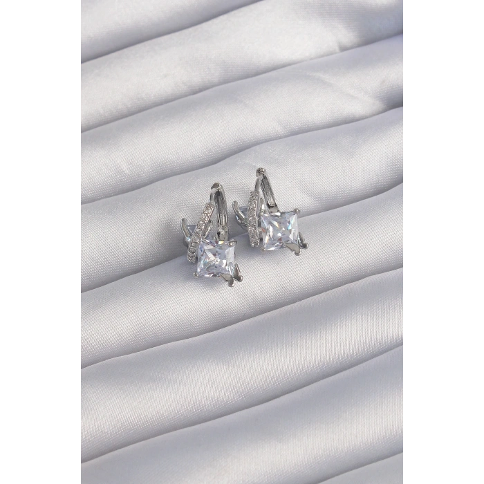 Erb Pirinç Gümüş Renk İri Zirkon Taşlı Kıvrımlı Minimal Kelebekli Halka Küpe