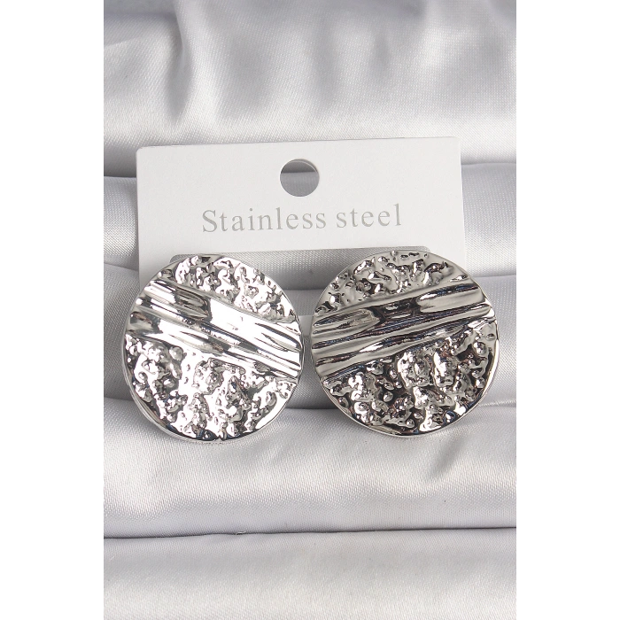 Erb Pirinç Gümüş Renk İşlemeli Daire Plaka Model Kadın Küpe