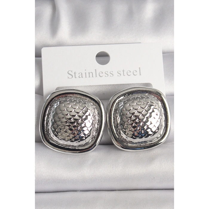 Erb Pirinç Gümüş Renk İşlemeli Kare Model Kadın Küpe