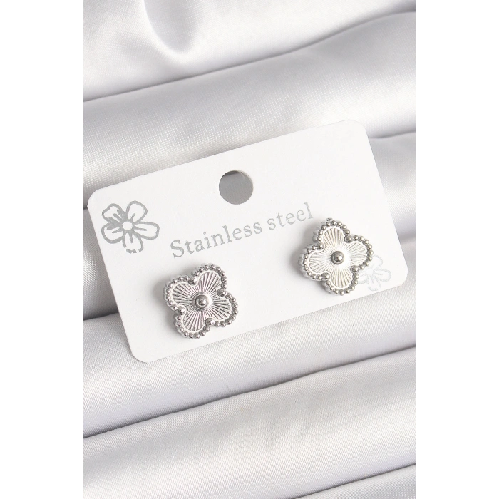 Erb Pirinç Gümüş Renk İşlemeli Yonca Model Kadın Küpe