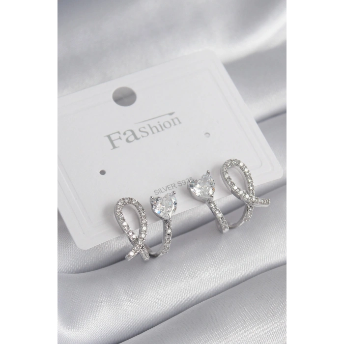 Erb Pirinç Gümüş Renk Kalp Model Zirkon Taşlı Kadın Küpe