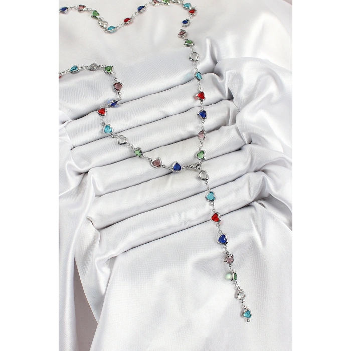 Erb Pirinç Gümüş Renk Karışık Renk Zirkon Taşlı Kalpli Y Kadın Kolye