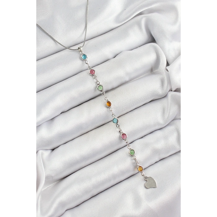 Erb Pirinç Gümüş Renk Karışık Renk Zirkon Taşlı Y Kadın Kolye