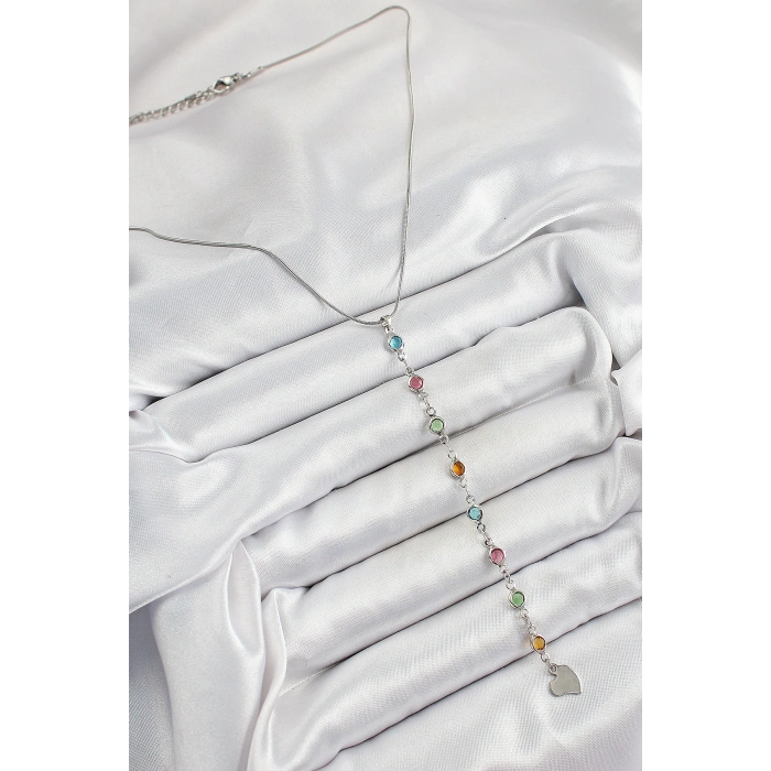 Erb Pirinç Gümüş Renk Karışık Renk Zirkon Taşlı Y Kadın Kolye