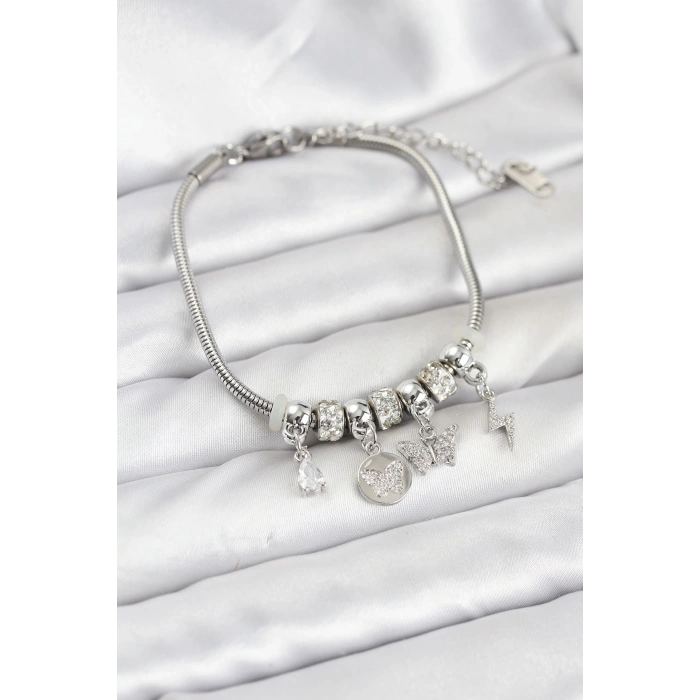 Erb Pirinç Gümüş Renk Kelebek Charmlı Kadın Bileklik