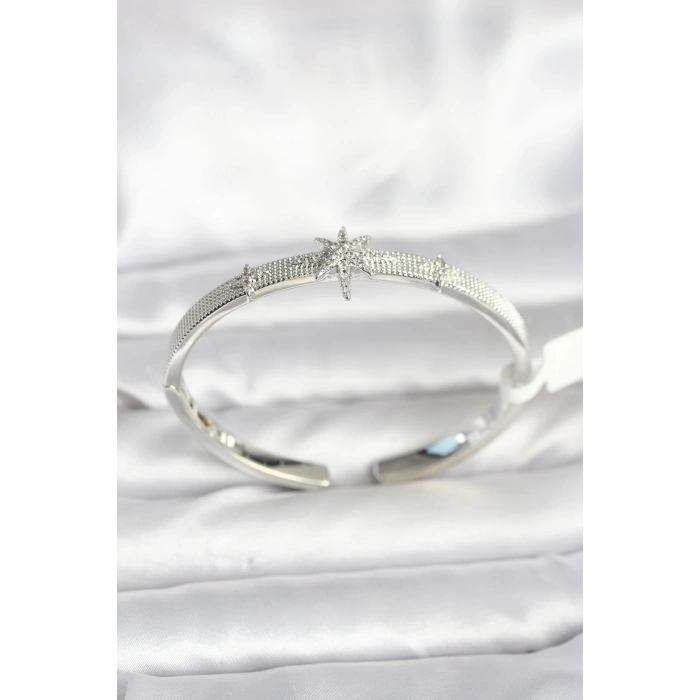 Erb Pirinç Gümüş Renk Kutup Yıldızı Model Kadın Kelepçe Bileklik