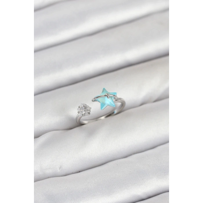 Erb Pirinç Gümüş Renk Mavi Yıldızlı Model Kadın Yüzük