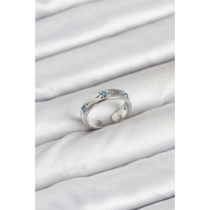 Erb Pirinç Gümüş Renk Mavi Zirkon Taşlı Kutup Yıldızı Model Kadın Yüzük